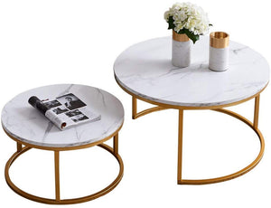 32" Modern Nesting Round Coffee Table, Golden Color Frame with Marble Pattern