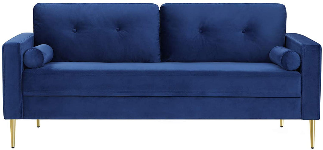 Mid-Century Modern Velvet Couch With Solid Wood Frame & Metal Legs, Blue