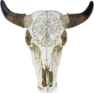 Tooled Bull Skull, 12.75 x 2.75 x 12.75 inches