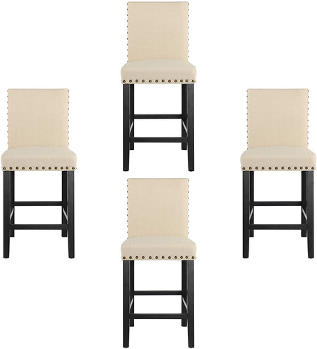 (Set of 4 Beige) Counter Stools Nail Head Decoration 24” Soft Cushions with Solid Wood Legs