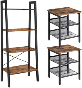 Set of 3, Ladder Shelf with Set of 2 Side Tables, Rustic Brown