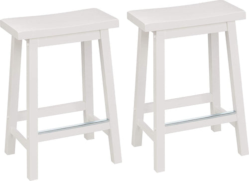 Set of 2, 24 Inch Solid Wood Saddle-Seat Kitchen Counter Stool with Foot Plate, white