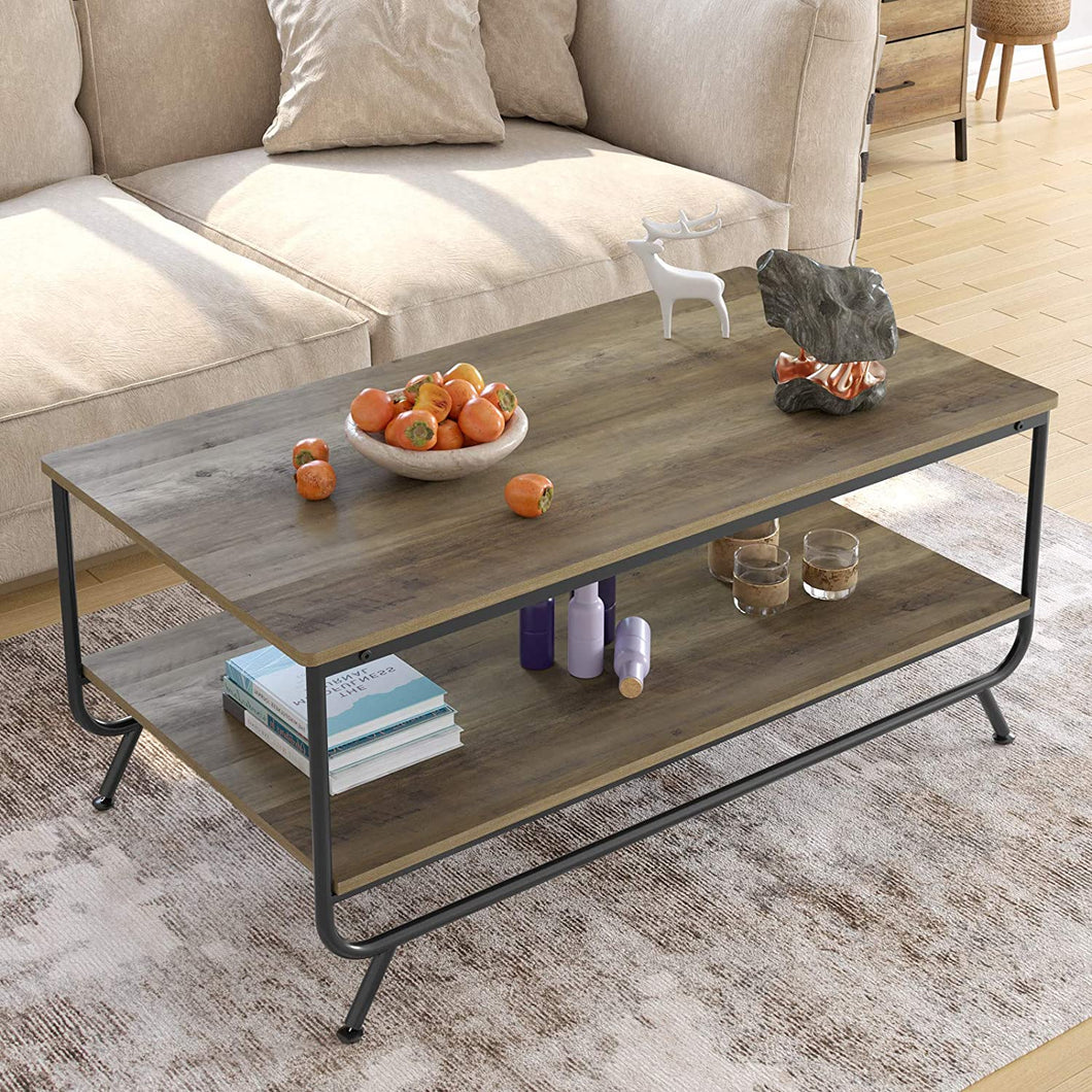 43” Industrial Coffee Table, 2-Tier Wood and Metal with Storage Shelf, brown