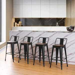 Industrial Stools Set of 4, Black with Wooden Seats