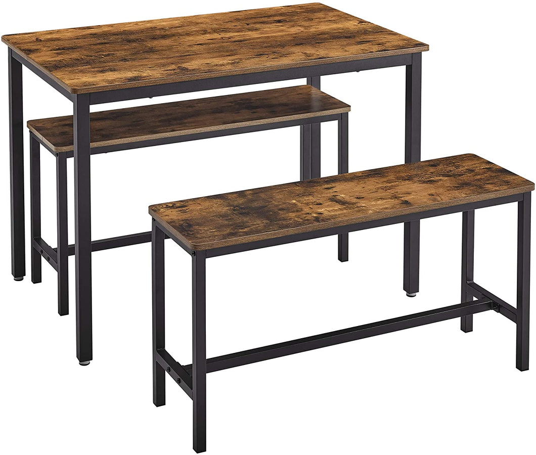 3 Piece Set, Nesting Dining Table or Kitchen Table with 2 Benches, Rustic Brown and Black
