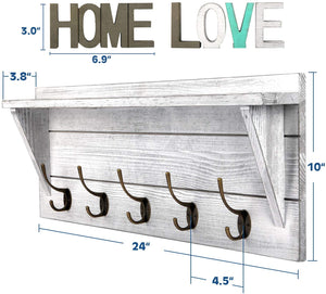 24" Rustic Wall Mounted Coat Rack with Coat Hooks and wi 2 DIY Decorations, White