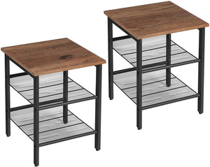 Set of 2 End Tables with Adjustable Mesh Shelves, Stable Steel Frame, Hazelnut Brown and Black