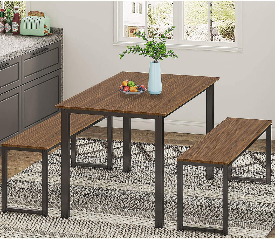 3 Piece Nesting Dining Table Set, Dining Table and Two Benches, Brown