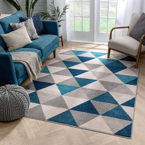 Well Woven Isometry Blue & Grey Modern Geometric Triangle Pattern 5' x 7' Area Rug Soft Shed Free Easy to Clean Stain Resistant