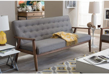 Mid-Century Retro Modern Fabric Upholstered Wooden 3-Seater Sofa, Grey