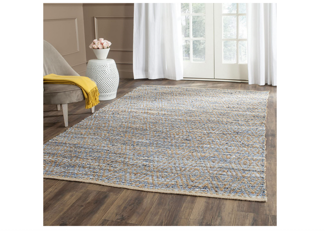Safavieh Cape Cod Collection CAP350A Hand Woven Flatweave Chevron Natural and Blue Jute Area Rug
