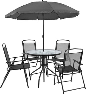 Set of 6, Patio Garden Set with Table, Umbrella and 4 Folding Chairs, Black