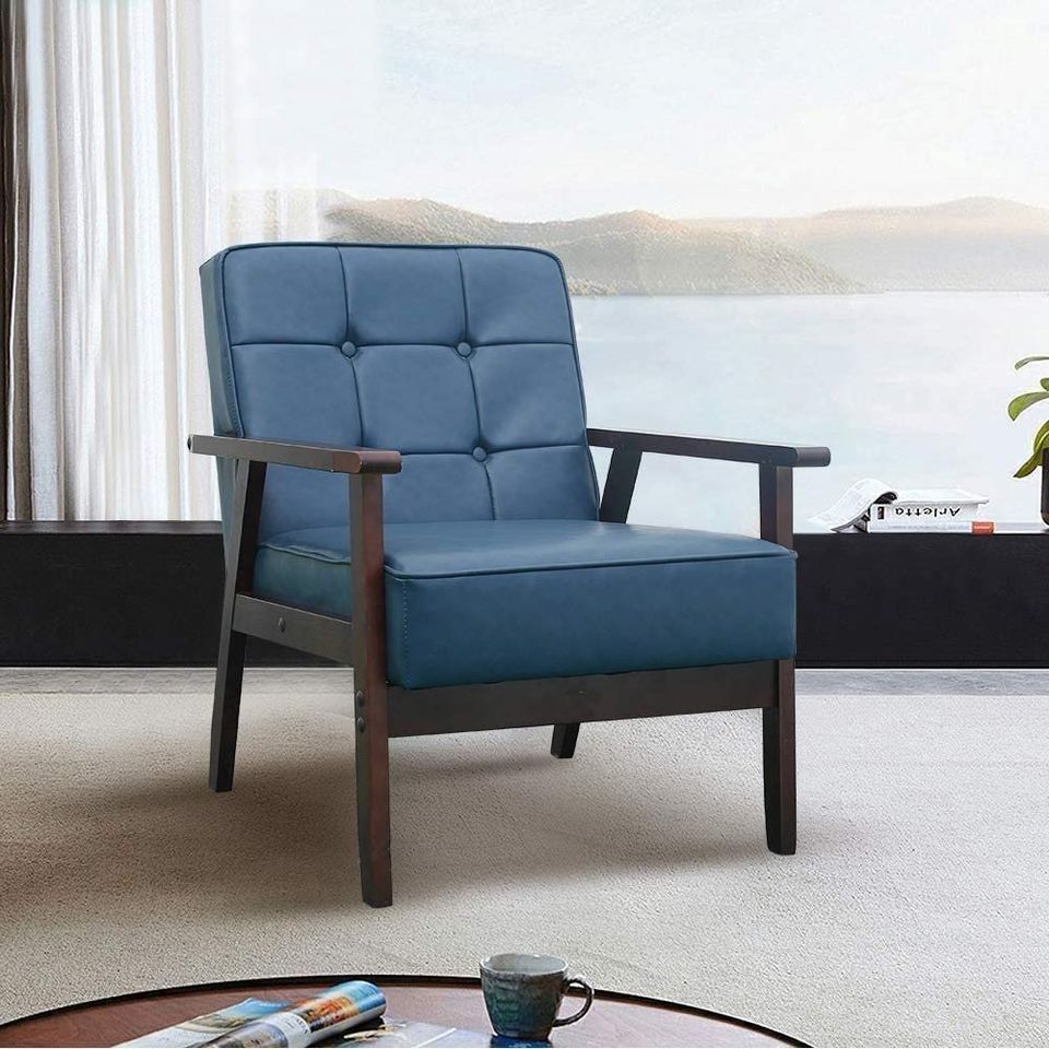 Mid Century Accent Chair Leather Armchair, Blue