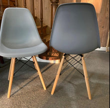 Set of 2, Modern Mid-Century Dining Chairs, Plastic with Natural Wooden Legs, Grey