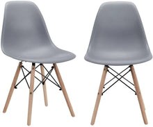Set of 2, Modern Mid-Century Dining Chairs, Plastic with Natural Wooden Legs, Grey