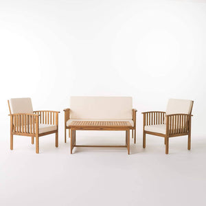 Set of 4, Acacia Sofa Set, Love Seat, 2 Chairs and Coffee Table, Brown Patina + Cream Cushions