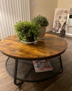 35.8" Round Industrial Coffee Table with Metal Frame, Caramel