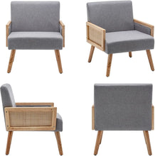 Mid Century Modern Accent Chair, Upholstered Chairs with Bamboo Knitting and Solid Wood, Gray