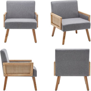 Mid Century Modern Accent Chair, Upholstered Chairs with Bamboo Knitting and Solid Wood, Gray