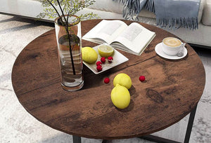 31.5” Round Coffee Table with Metal Frame, Rustic Brown | Anthony's Furniture & Decor