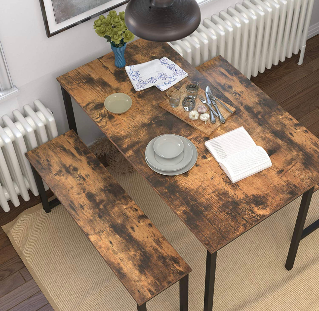 Set of 2, 39.4” Dining Bench with Metal Frame, Rustic Brown