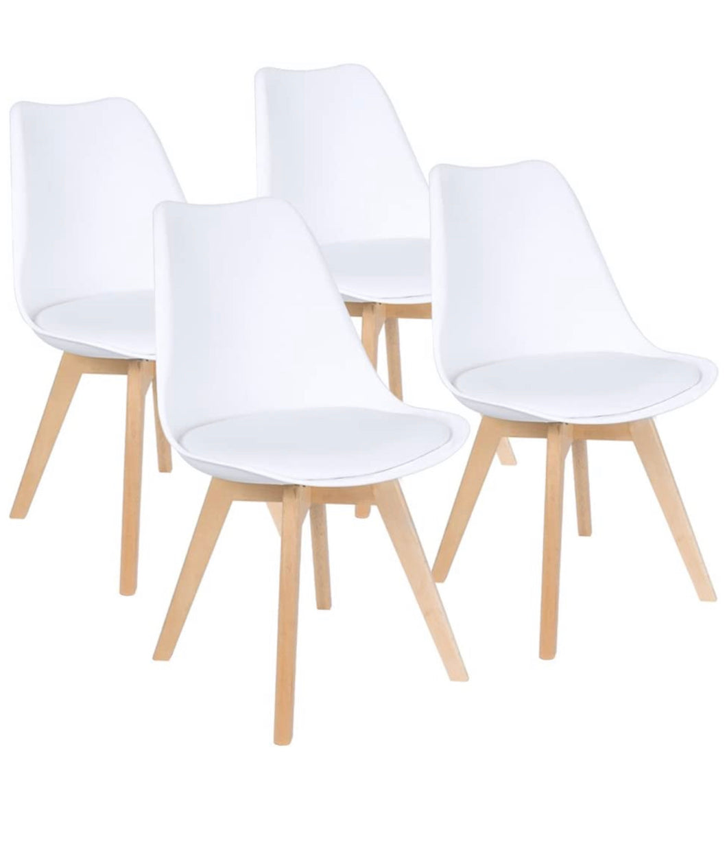 Set of 4, Mid Century Modern Dining Chair with Beech Wood Legs and Soft Padded Shell, White
