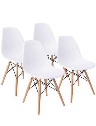 Set of 6, Mid Century Modern Plastic and Wood Dining Chairs, White