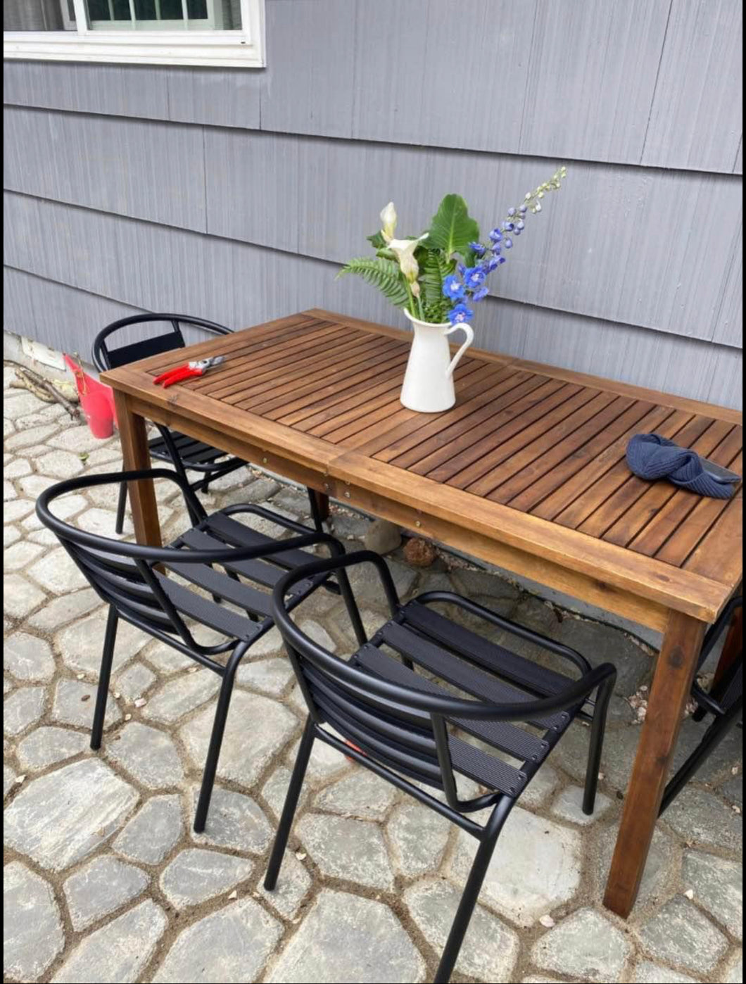 34” Contemporary Slatted Outdoor Dining Table, Dark Brown