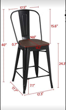 Set of 4, 24” Metal Barstools with a wood seat, black