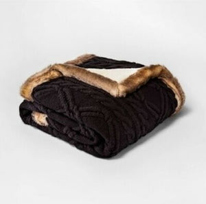 Cable Knit Throw Blanket with Mink Faux Fur Reverse and Faux Fur Trim Black/Brown - Threshold™