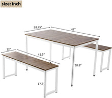 Set of 3, Kitchen Dining Set with 2 Benches, Wood Table Top with Metal Frame, Brown