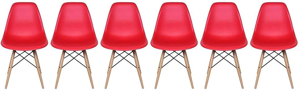 Set of 6, Mid Century Modern Dining Chair with Natural Wood Legs, Red