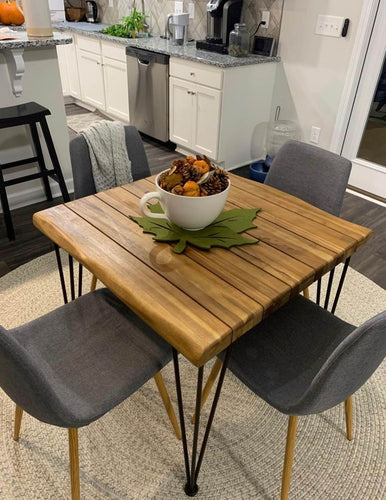 32.5” Square Acacia Wood Dining Table, Teak Finish, Rustic Metal