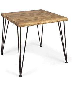 32.5” Square Acacia Wood Dining Table, Teak Finish, Rustic Metal