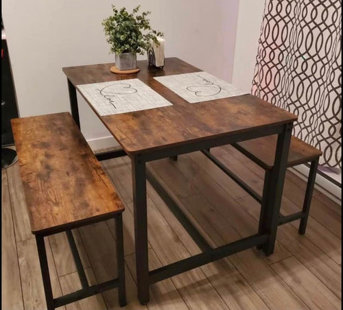 Set of 3, Dining Table with Metal Frame and (2) Dining Benches with Metal Frame, Rustic Brown