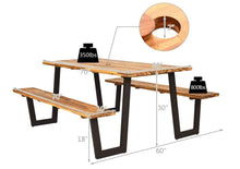 70" Picnic Table with attached Benches & Umbrella Hole, (Natural & Black)
