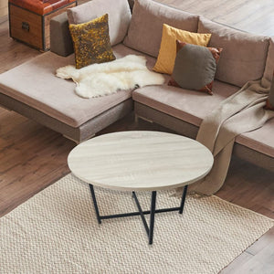 23.6" Round Coffee Tables, Wood Desktop and Metal Legs, White Oak