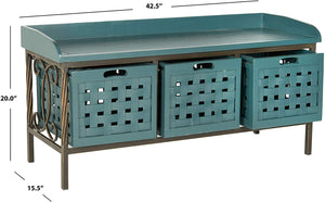 Antiqued Pewter and Honey Oak Wood Storage Bench, Navy blue