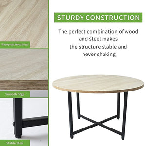 23.6" Round Coffee Tables, Wood Desktop and Metal Legs, White Oak