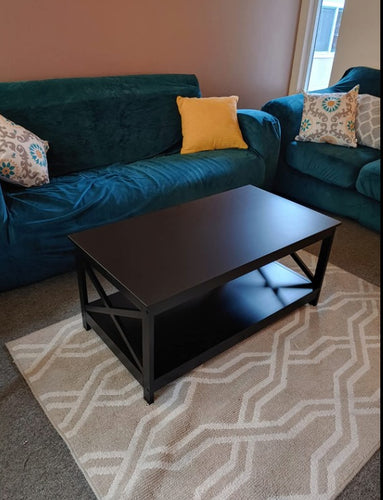 2-Tier Black Coffee Table with Storage Shelf for Living Room, X Design Accent Co