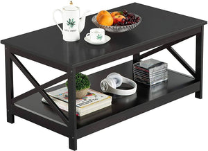 2-Tier Black Coffee Table with Storage Shelf for Living Room, X Design Accent Co