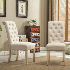 Set of 2, Solid Wood Tufted Dining Chair, Beige