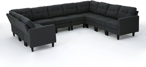 10-Piece U-Shaped Mid-Century Modern Sectional Sofa, Dark Grey/Dark Brown