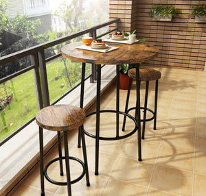 3 Piece Pub Dining Set, Modern Round bar Table and 2 Stools, Rustic Brown
