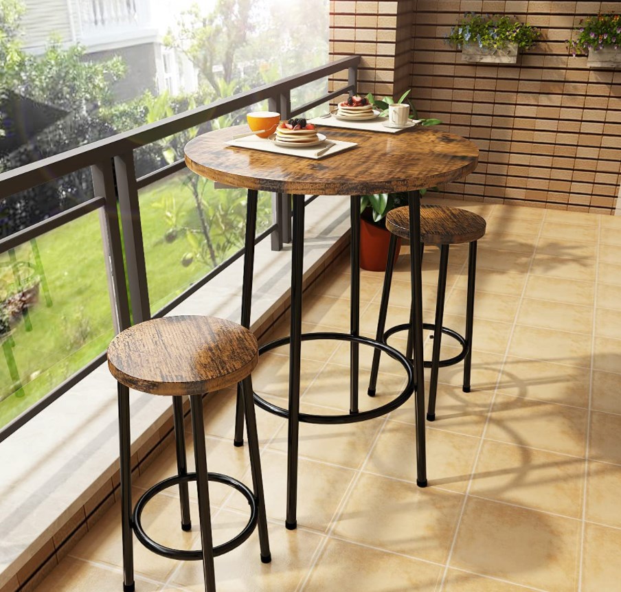 3 Piece Pub Dining Set, Modern Round bar Table and 2 Stools, Rustic Brown