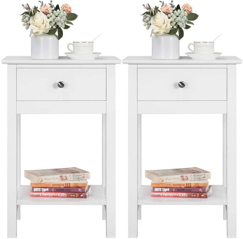 Set of 2, Side Table with Drawer and Shelf, White