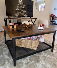 31" Square Coffee Table with Steel Frame and Mesh Storage Shelf, Rustic Brown