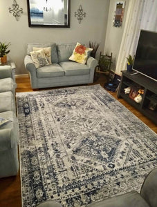 7'10" x 10'2" Distressed area rug, Blue/White