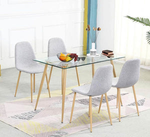 5 Pieces Modern Dining Table with Rectangle Tempered Glass Top & 4 Fabric Kitchen Room Chairs, Grey