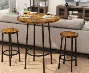 3 Piece Pub Dining Set, Modern Round bar Table and 2 Stools, Rustic Brown